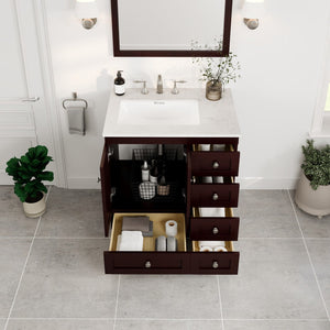 Acclaim 30 in. Teak Single Sink Bath Vanity with Carrara Quartz Top and Undermount Porcelain Sink