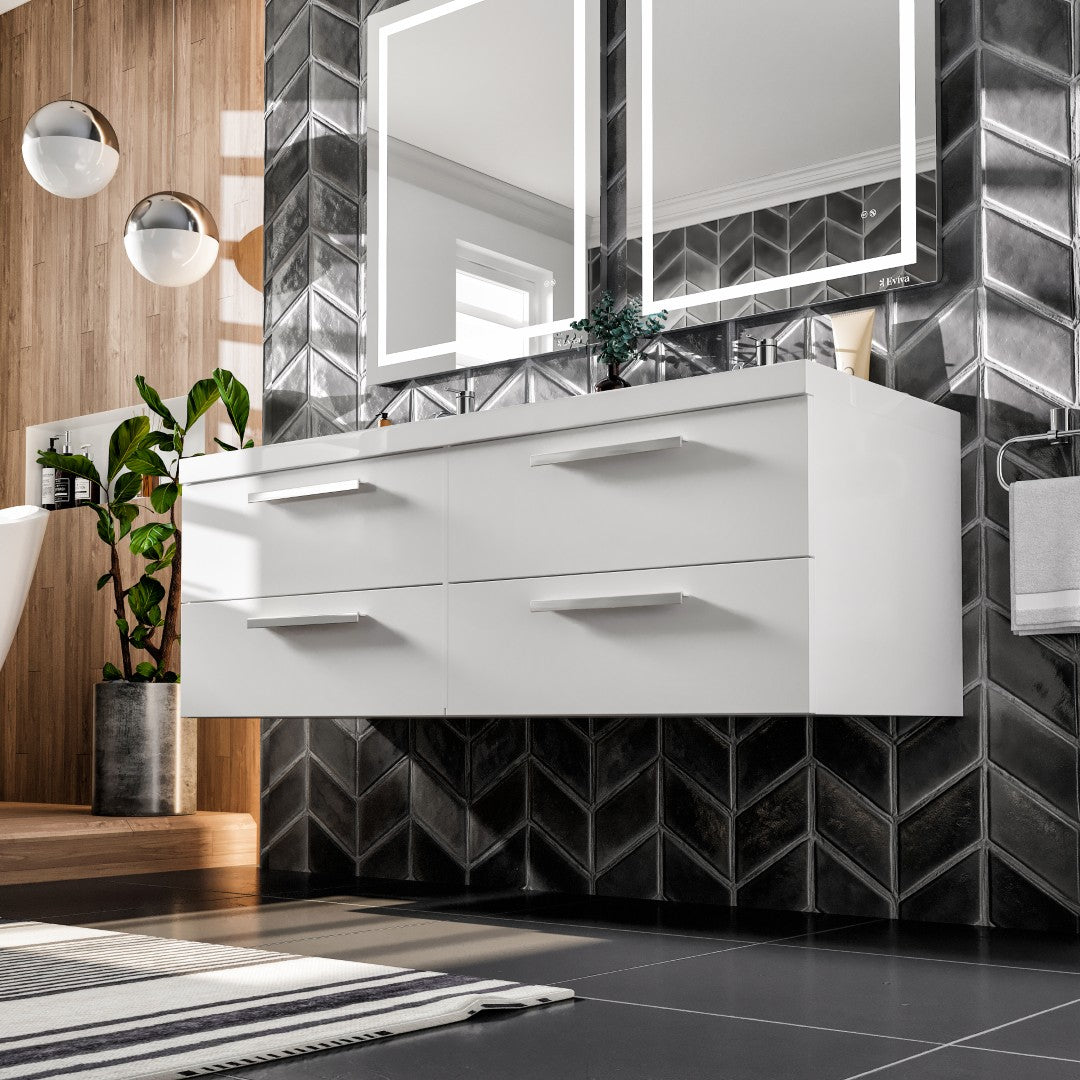 Surf 57 in. White Wall Mount Double Sink  Bath Vanity with Acrylic Top and Integrated Sinks