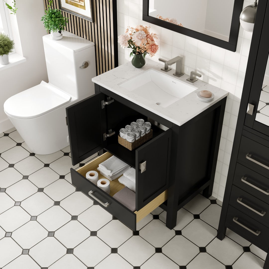 London 30 in. Espresso Single Sink Bath Vanity with Carrara Quartz Top and Undermount Porcelain Sink