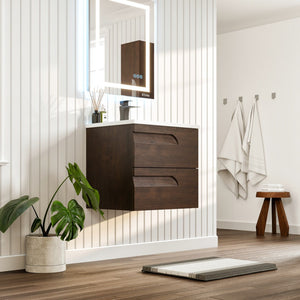 Joy 24 in. Rosewood Wall Mount Single Sink Bath Vanity with Porcelain Top and Integrated Sink