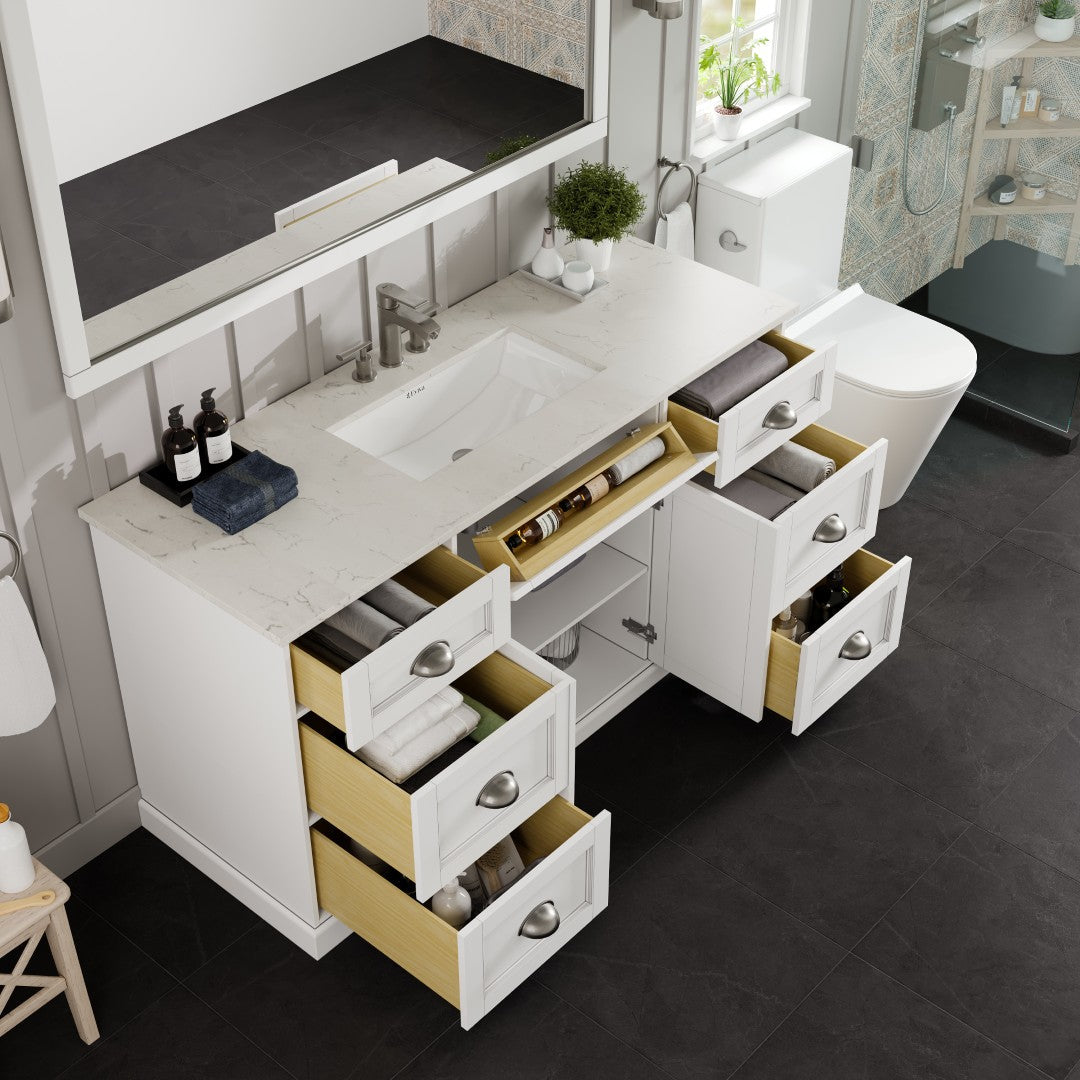 Epic 60 in. White Single Sink Bath Vanity with Carrara Quartz Top and Undermount Porcelain Sink