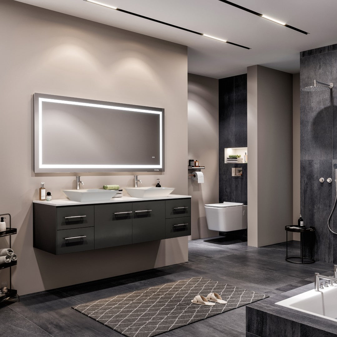 Wave 60 in. Espresso Wall Mount Double Sink  Bath Vanity with White Quartz Top and Vessel Porcelain Sinks