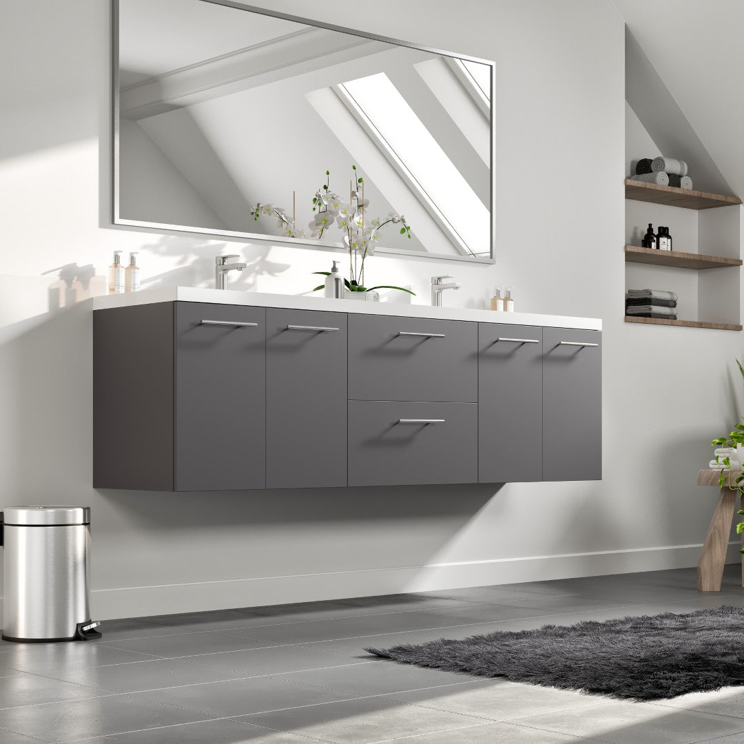 Axis 72 in. Gray Wall Mount Double Sink  Bath Vanity with Acrylic Top and Integrated Sinks