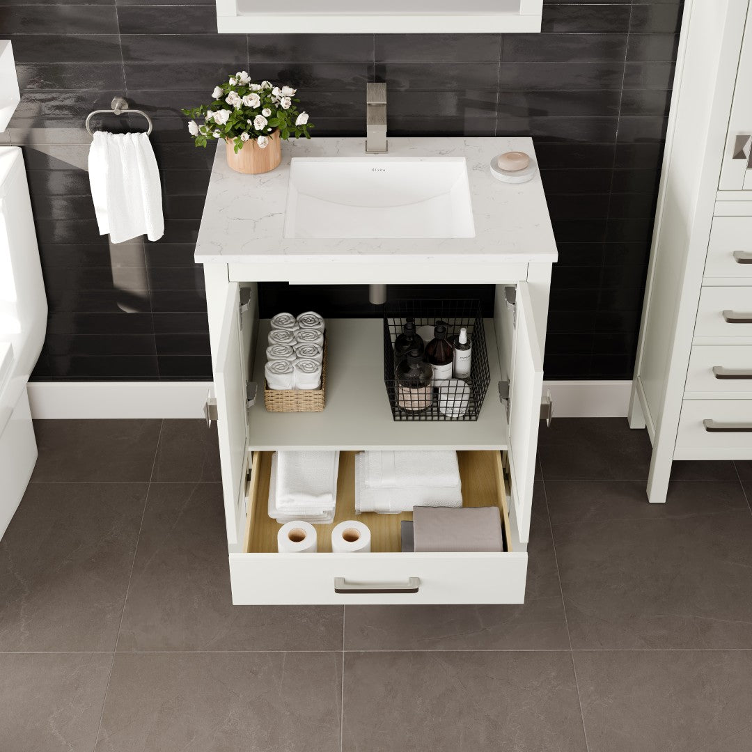 London 30 in. White Single Sink Bath Vanity with Carrara Quartz Top and Undermount Porcelain Sink
