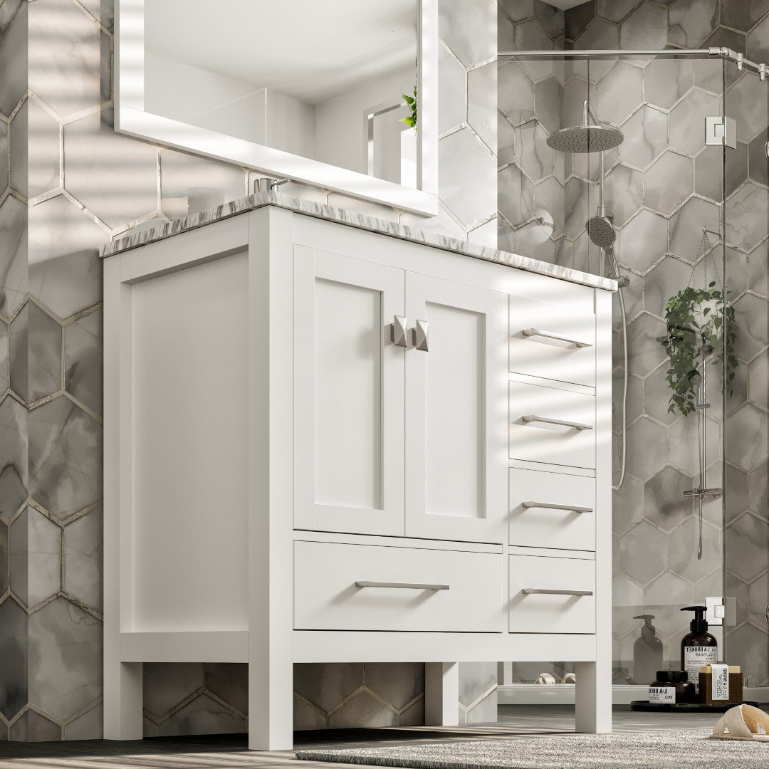 Eviva London 36 X 18 Inch White Bathroom Vanity with Marble Countertop