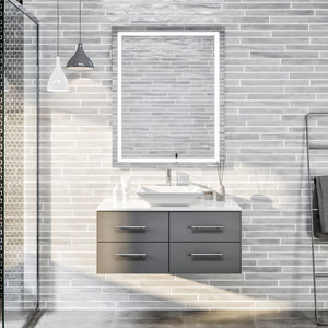 Wave 36 in. Gray Wall Mount Single Sink Bath Vanity with White Quartz Top and Vessel Porcelain Sink