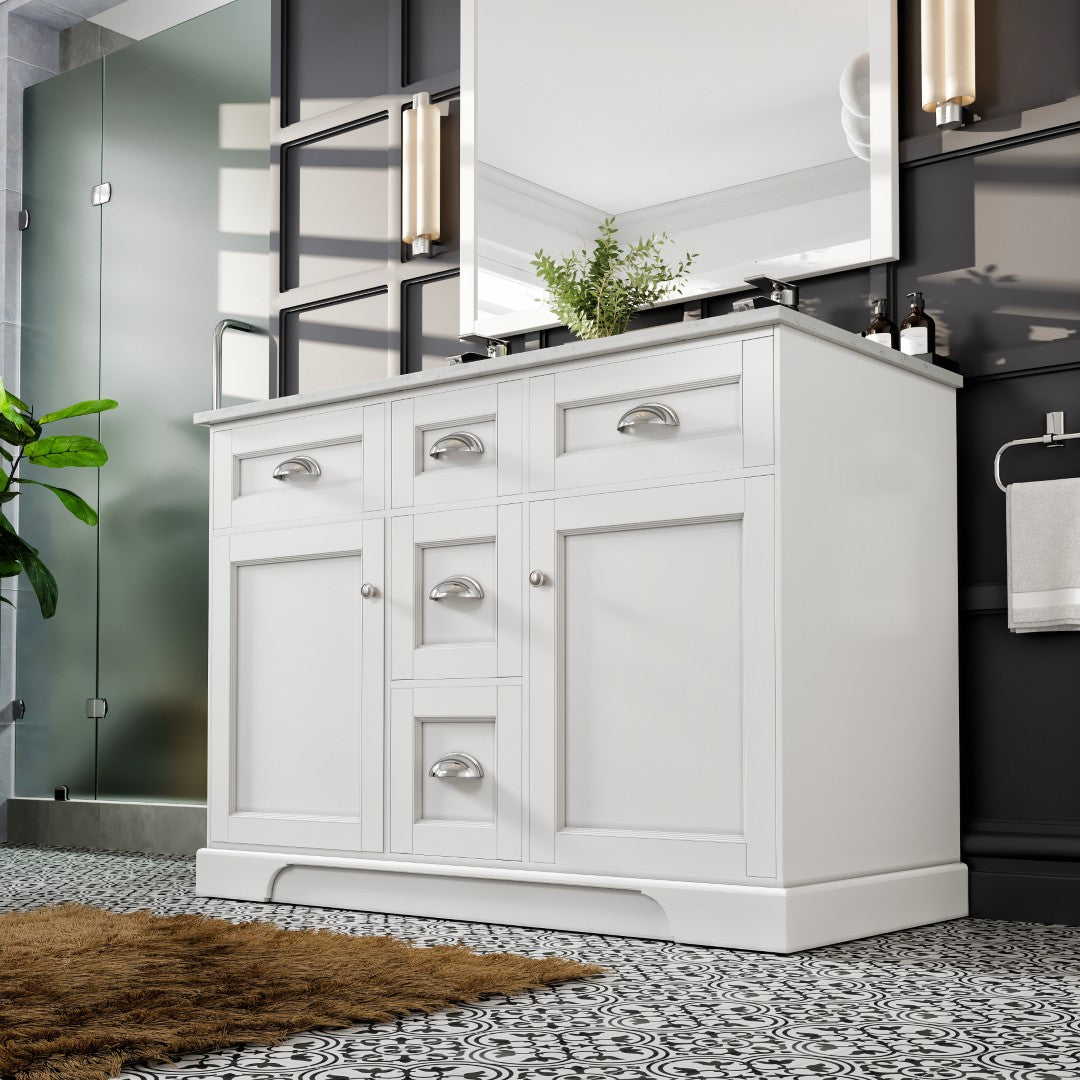 Epic 48 in. White Double Sink  Bath Vanity with Carrara Quartz Top and Undermount Porcelain Sinks