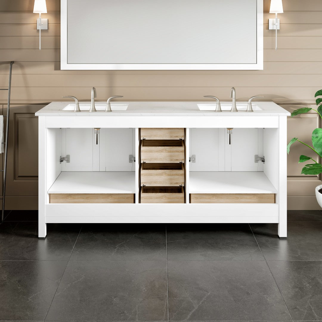 Aberdeen 72 in. White Double Sink  Bath Vanity with Carrara Quartz Top and Undermount Porcelain Sinks