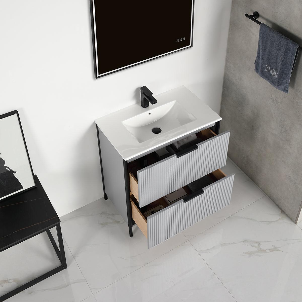 Zurich 30" Vanity – Glossy White & Metal Grey with Soft-Close Drawers & Ample Storage