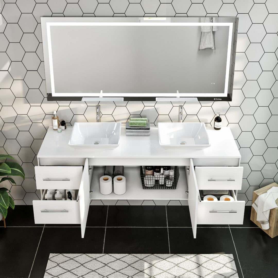 Wave 60 in. White Wall Mount Double Sink  Bath Vanity with White Quartz Top and Vessel Porcelain Sinks