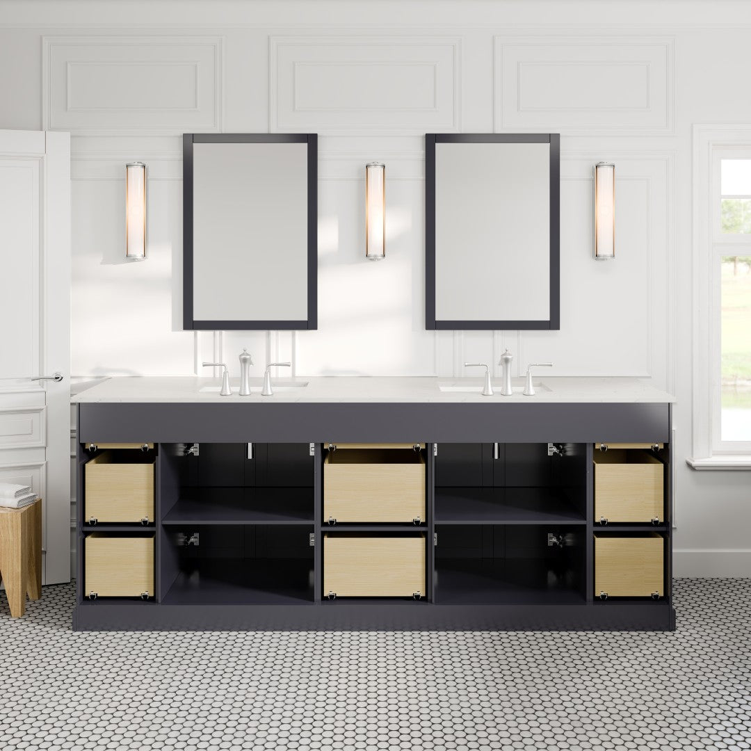 Epic 84 in. Charcoal Gray Double Sink  Bath Vanity with Carrara Quartz Top and Undermount Porcelain Sinks