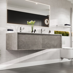 Aurora 60 in. Concrete Gray Wall Mount Double Sink  Bath Vanity with Carrara Quartz Top and Undermount Porcelain Sinks