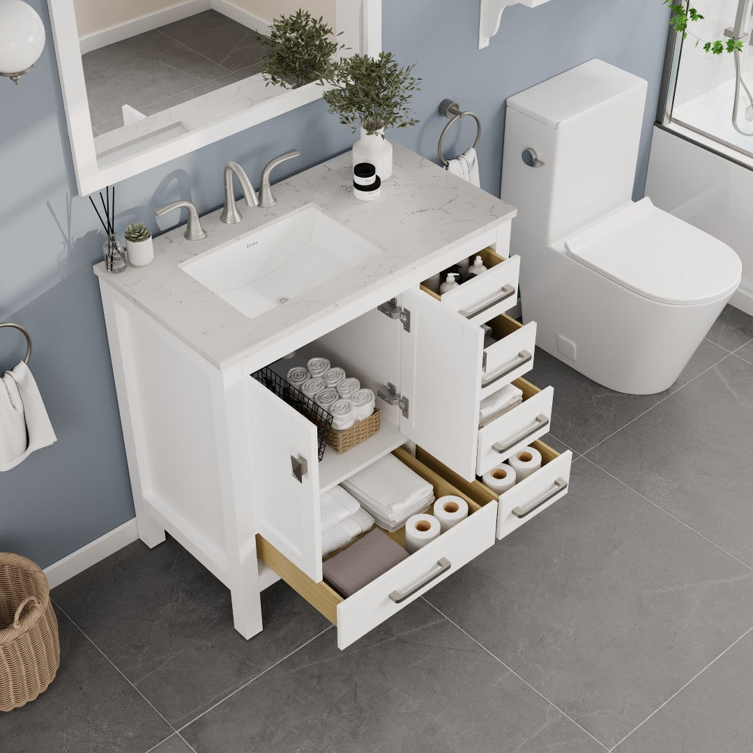 Aberdeen 36 in. White Single Sink Bath Vanity with Carrara Quartz Top and Undermount Porcelain Sink
