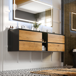 Vienna 75 in. Oak Wall Mount Double Sink  Bath Vanity with Acrylic Top and Integrated Sinks