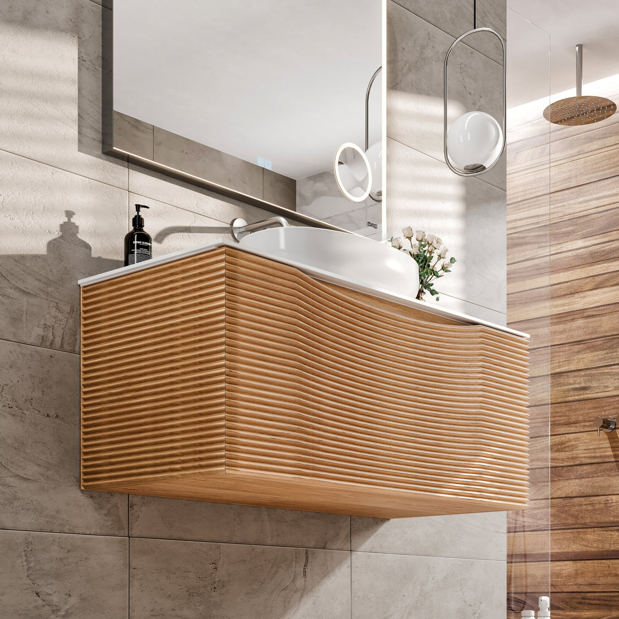 Leah 32 in. Medium Oak Wall Mount Single Sink Bath Vanity with Solid Surface Top and Vessel Solid Surface Sink