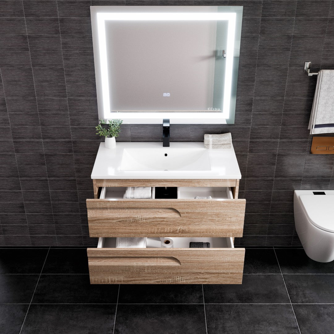 Joy 36 in. Maple Wall Mount Single Sink Bath Vanity with Porcelain Top and Integrated Sink