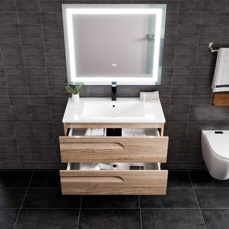Joy 36 in. Maple Wall Mount Single Sink Bath Vanity with Porcelain Top and Integrated Sink