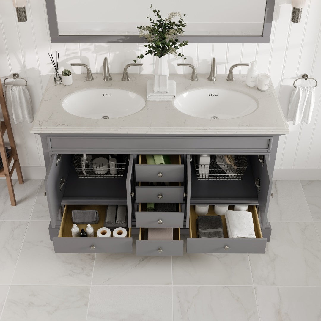 Elite Stamford 48 in. Gray Double Sink  Bath Vanity with Carrara Quartz Top and Undermount Porcelain Sinks