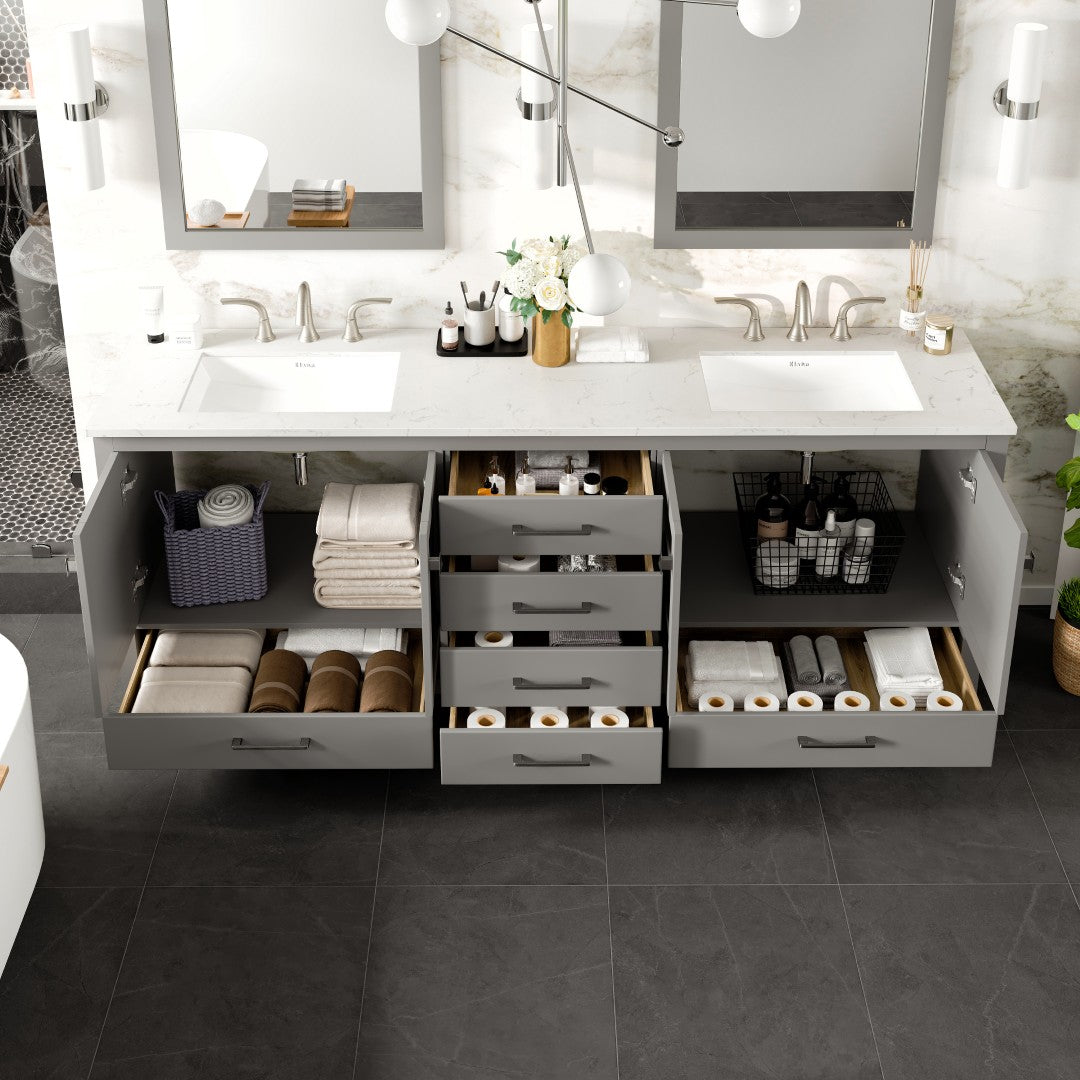 Aberdeen 84 in. Gray Double Sink  Bath Vanity with Carrara Quartz Top and Undermount Porcelain Sinks