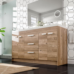 Lugano 60 in. Natural Oak Double Sink  Bath Vanity with Acrylic Top and Integrated Sinks