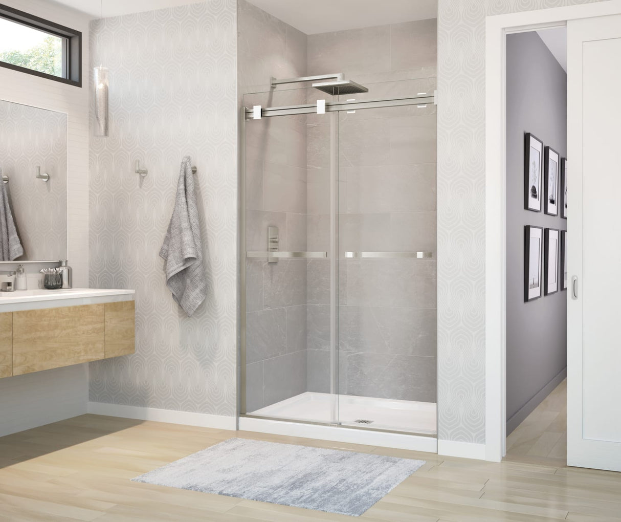 MAAX 136272-900-290-000 Duel 56-58 ½ x 70 ½-74 in. 8 mm Bypass Shower Door for Alcove Installation with Clear glass in Brushed Nickel & Matte White