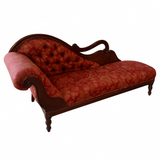 Victorian Tufted Fainting Couch – Carved Wood & Red Damask