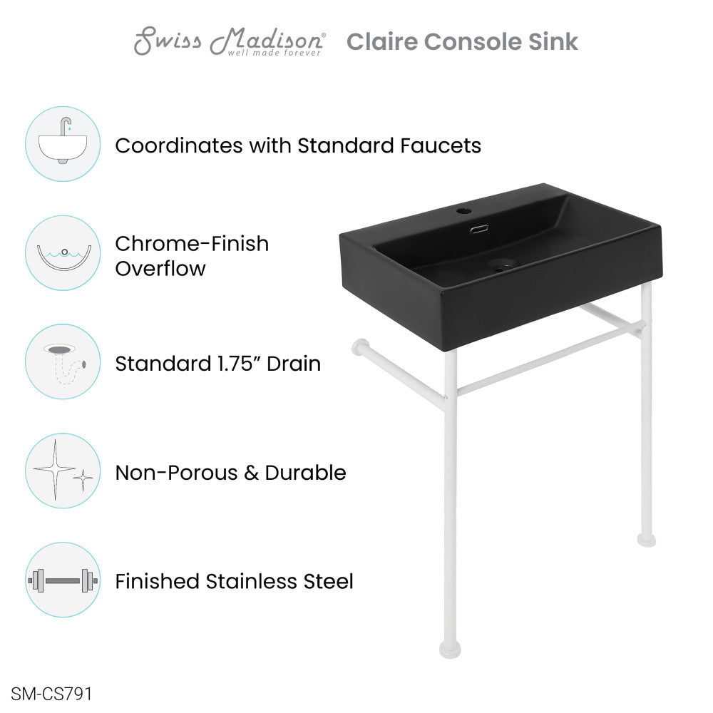 Claire 24 Ceramic Console Sink Matte Black Basin Matte White Legs