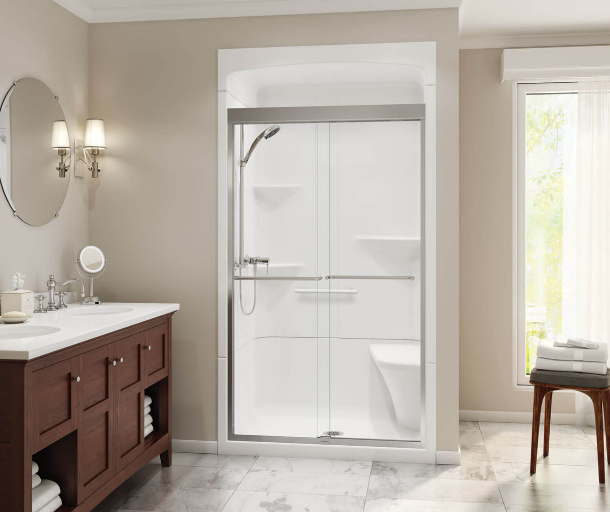 MAAX 105920-SL-000-001 Camelia SHR-4834 Acrylic Alcove Center Drain Three-Piece Shower in White