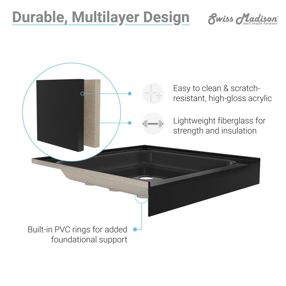 Voltaire 48 x 32 Acrylic Black, Single-Threshold, Center Drain, Shower Base