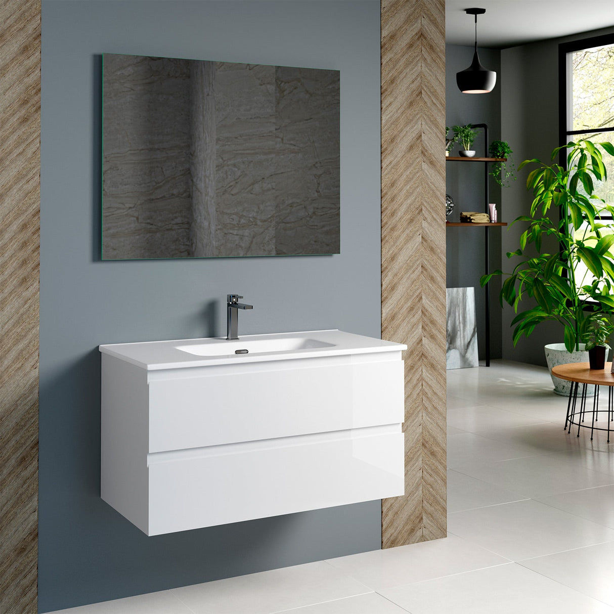 DAX Pasadena Engineered Wood and Porcelain Basin Single Vanity Cabinet, 36", Glossy White DAX-PAS013611-ONX