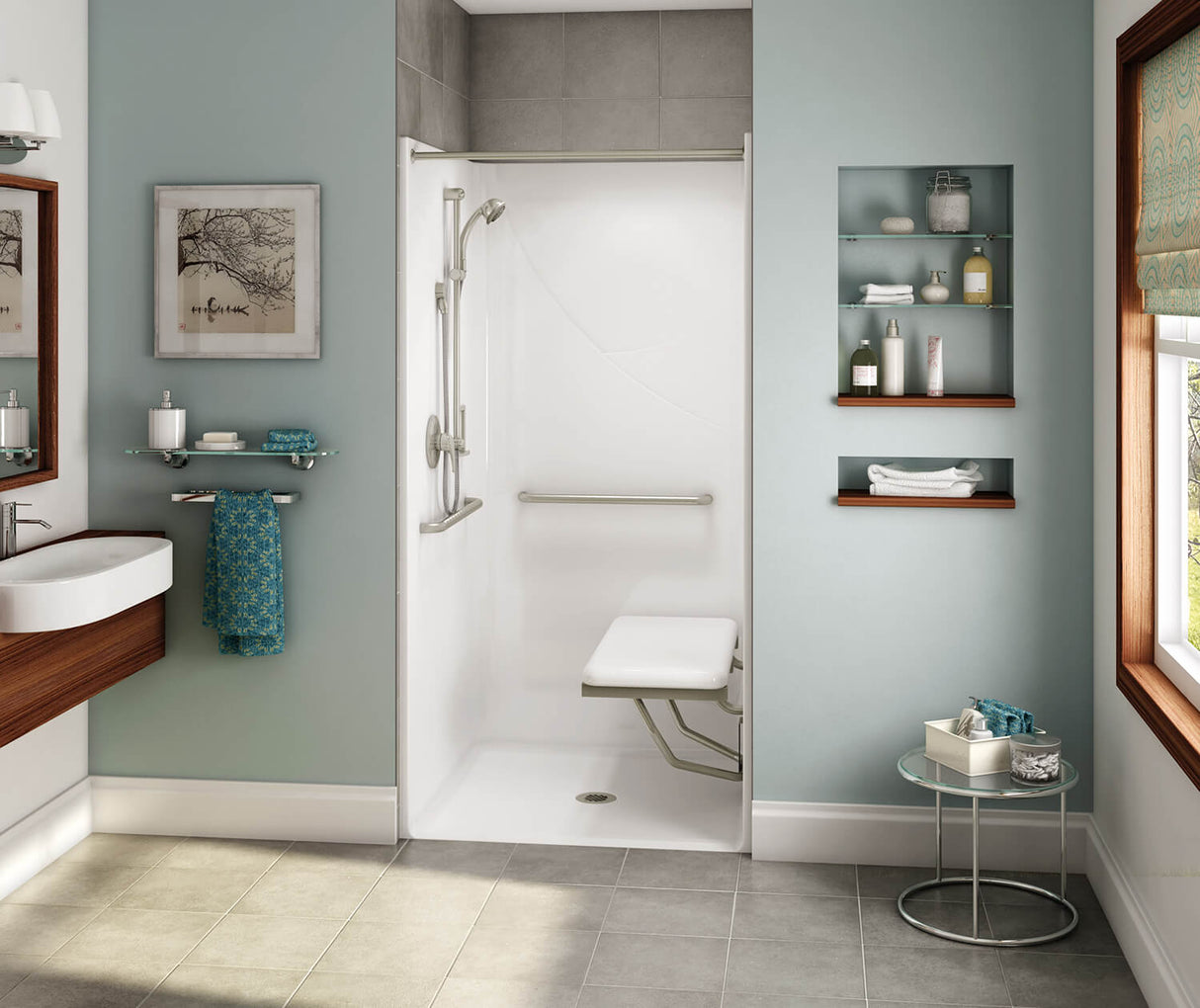 Aker OPS-3636-RS AcrylX Alcove Center Drain One-Piece Shower in Sterling Silver - with MASS grab bar and seat