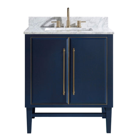 Avanity Mason 31 in. Vanity Combo in Navy Blue with Gold Trim and Carrara White Marble Top