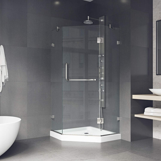 VIGO VG6062BNCL36WS 36.13" -36.13"W -76.75"H Frameless Hinged Neo-angle Shower Enclosure with Clear 0.38" Tempered Glass Stainless Steel Hardware in Brushed Nickel Finish, Reversible Handle and Base