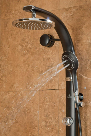 PULSE ShowerSpas 1017-B Bonzai Shower System with 8" Rain Showerhead, 3 Pulsating Body Spray Jets, 5-Function Hand Shower and Integral Shelf, Black Anodized Aluminum Body with Chrome Fixtures