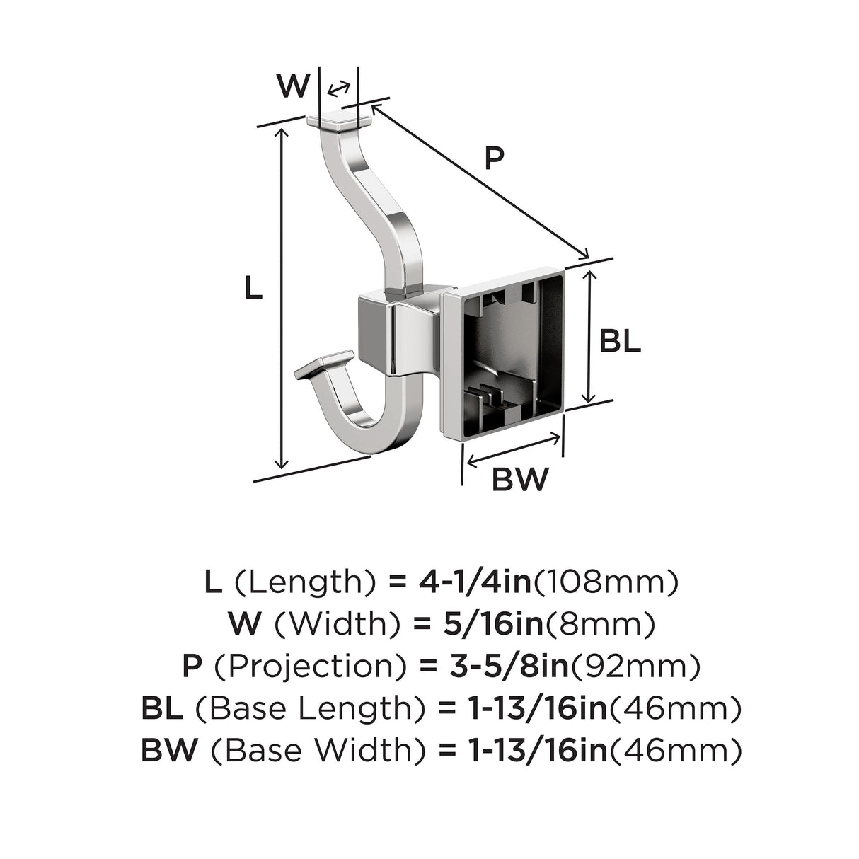 Amerock BH3602026 Chrome Single Robe Hook 4-1/4 in. (108 mm) Length Towel Holder Mulholland Towel Hook for Bathroom Bathroom Hardware Bath Accessories