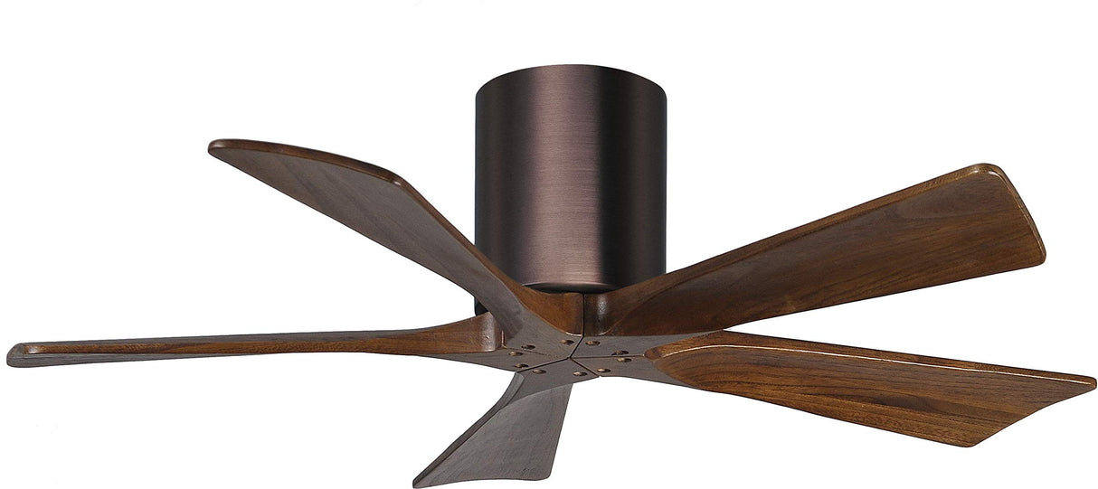 Matthews Fan IR5H-BB-WA-42 Irene-5H five-blade flush mount paddle fan in Brushed Bronze finish with 42” solid walnut tone blades. 