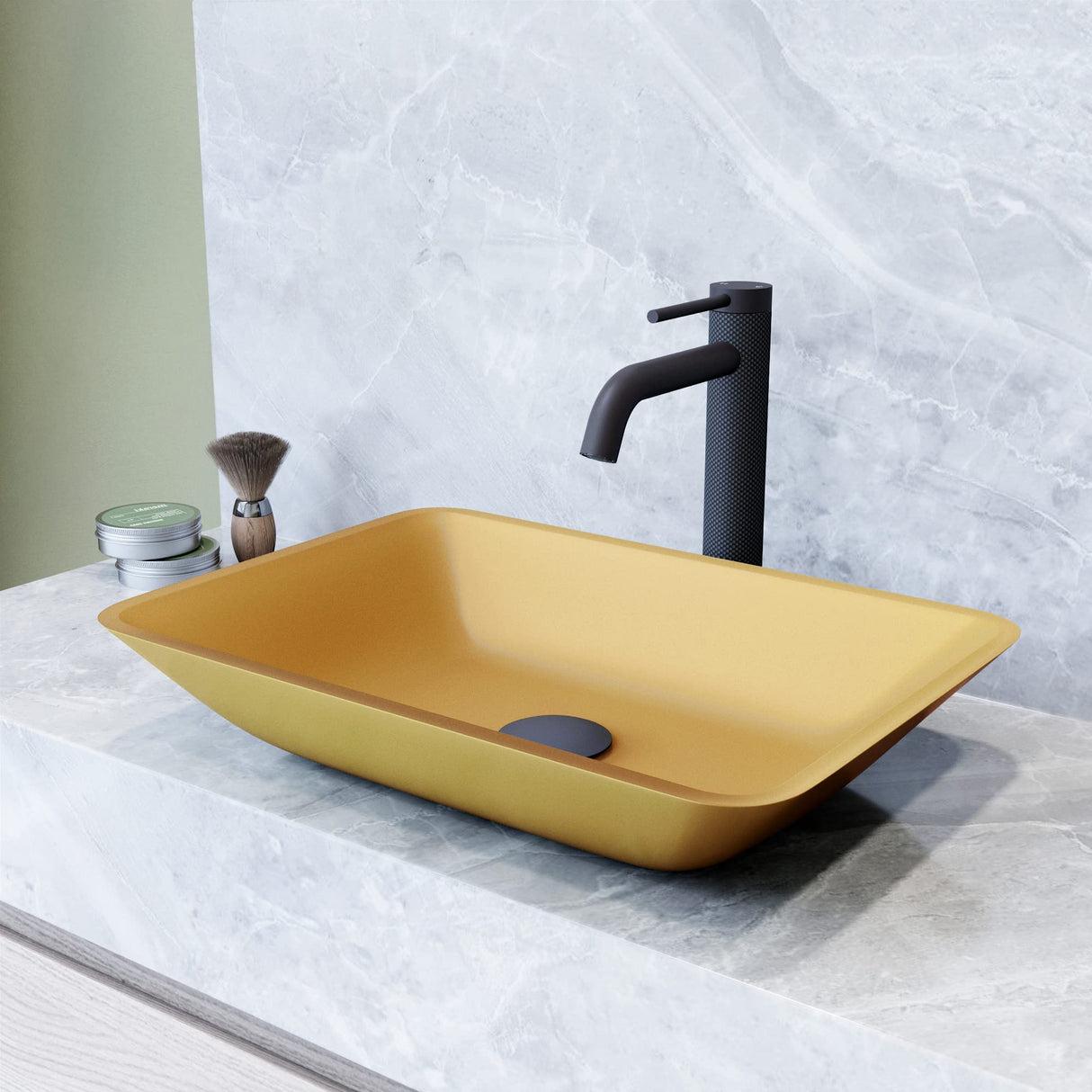 VIGO VGT2072 13.0" L -18.13" W -4.13" H Matte Shell Sottile Glass Rectangular Vessel Bathroom Sink in Gold with Lexington Faucet and Pop-up Drain in Matte Black