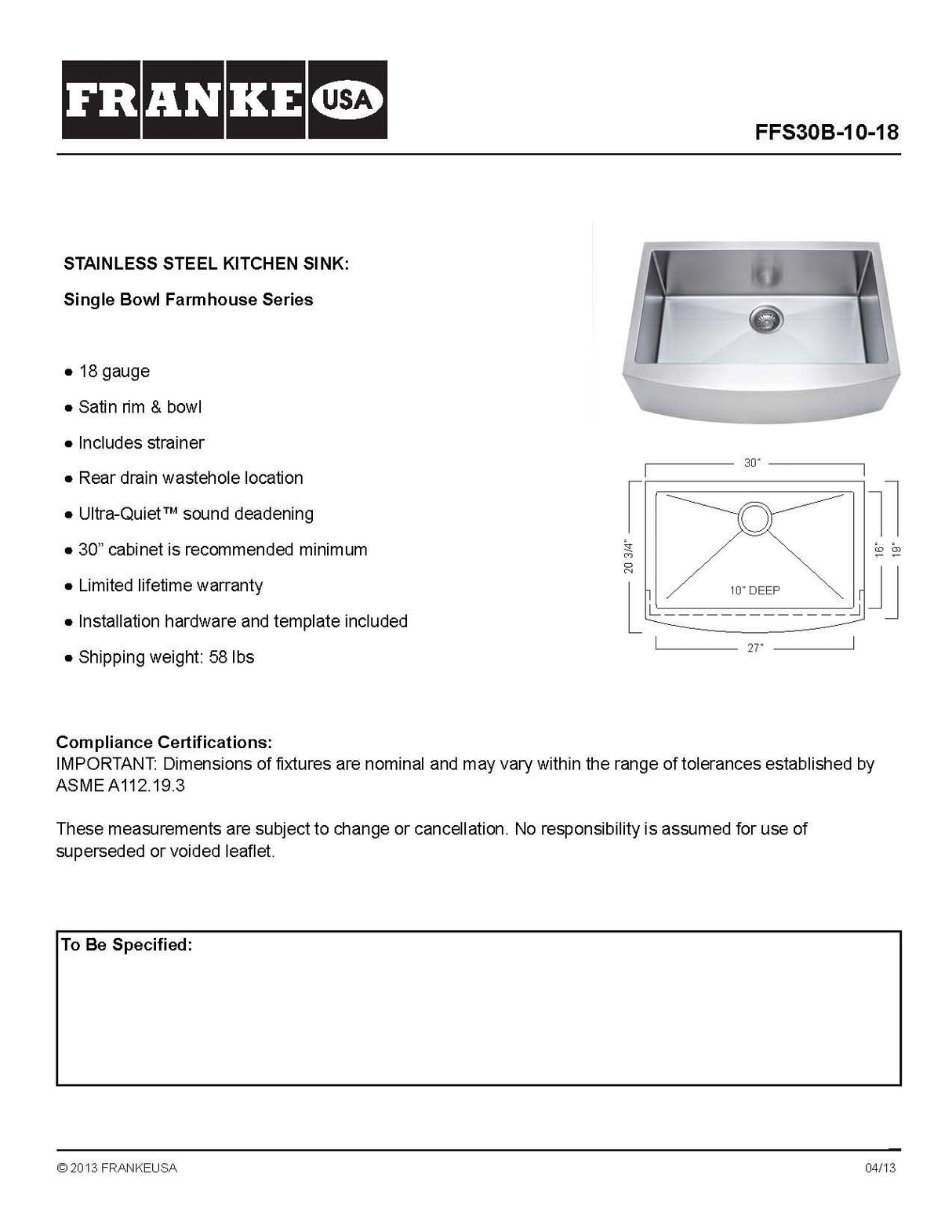Franke USA FFS30B-10-18 Sink, 30-Inch, Stainless Steel