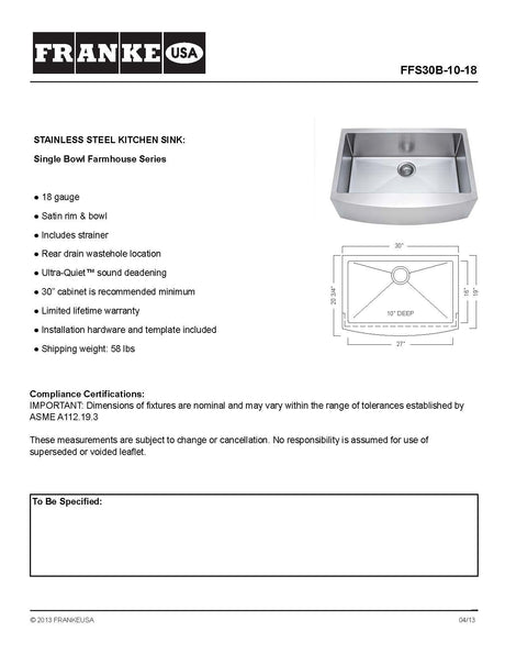 Franke USA FFS30B-10-18 Sink, 30-Inch, Stainless Steel