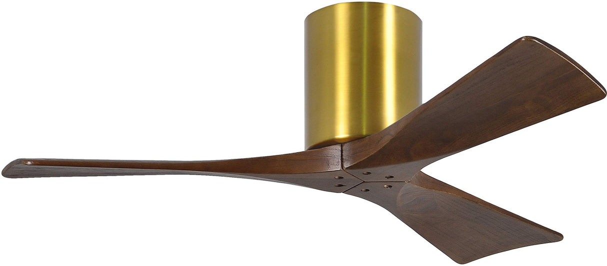 Matthews Fan IR3H-BRBR-WA-42 Irene-3H three-blade flush mount paddle fan in Brushed Brass finish with 42” solid walnut tone blades. 