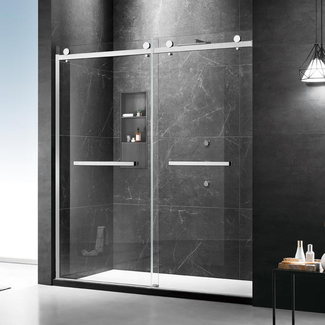 Milano Double Sliding Shower Door, 60 in.W x 74 in.H Framed Shower Door 5/16"(8mm) Clear Tempered Glass, 18 inch Pull Handle, Stainless Steel Hardware, Matte Black Finished