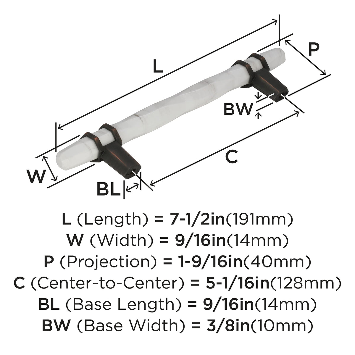 Amerock Cabinet Pull Marble White/Oil-Rubbed Bronze  5-1/16 inch (128 mm) Center to Center Carrione 1 Pack Drawer Pull Drawer Handle Cabinet Hardware