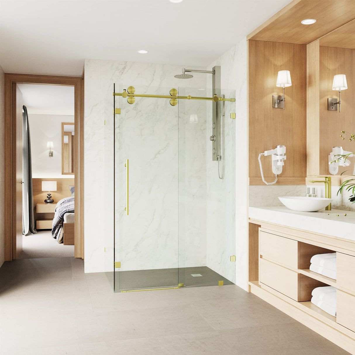 VIGO 46"W x 74"H Winslow Frameless Sliding Rectangle Shower Enclosure with Clear Tempered Glass, Reversible Door Handle and Stainless Steel Hardware in Matte Brushed Gold-VG6051MGCL48