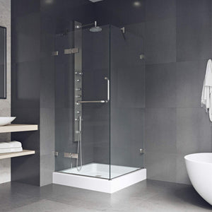 VIGO 32 in. x 32 in. x 79 in. Monteray Frameless Hinged Square Shower Enclosure with Clear 0.38" Tempered Glass and Hardware in Brushed Nickel Finish with Reversible Handle and Base - VG6011BNCL32W