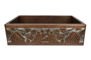 Premier Copper Products 33-inch Copper Kitchen Apron Single Basin Sink with Vineyard and Apron Front Nickel Background