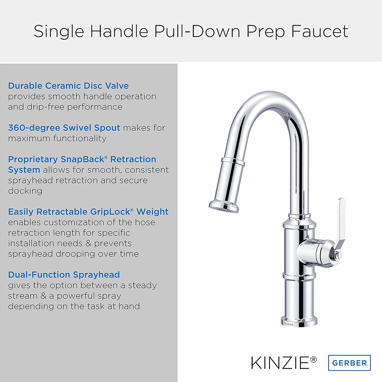 Gerber D150537BB Brushed Bronze Kinzie Single Handle Pull-down Prep Faucet