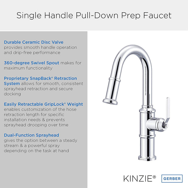 Gerber D150537BB Brushed Bronze Kinzie Single Handle Pull-down Prep Faucet