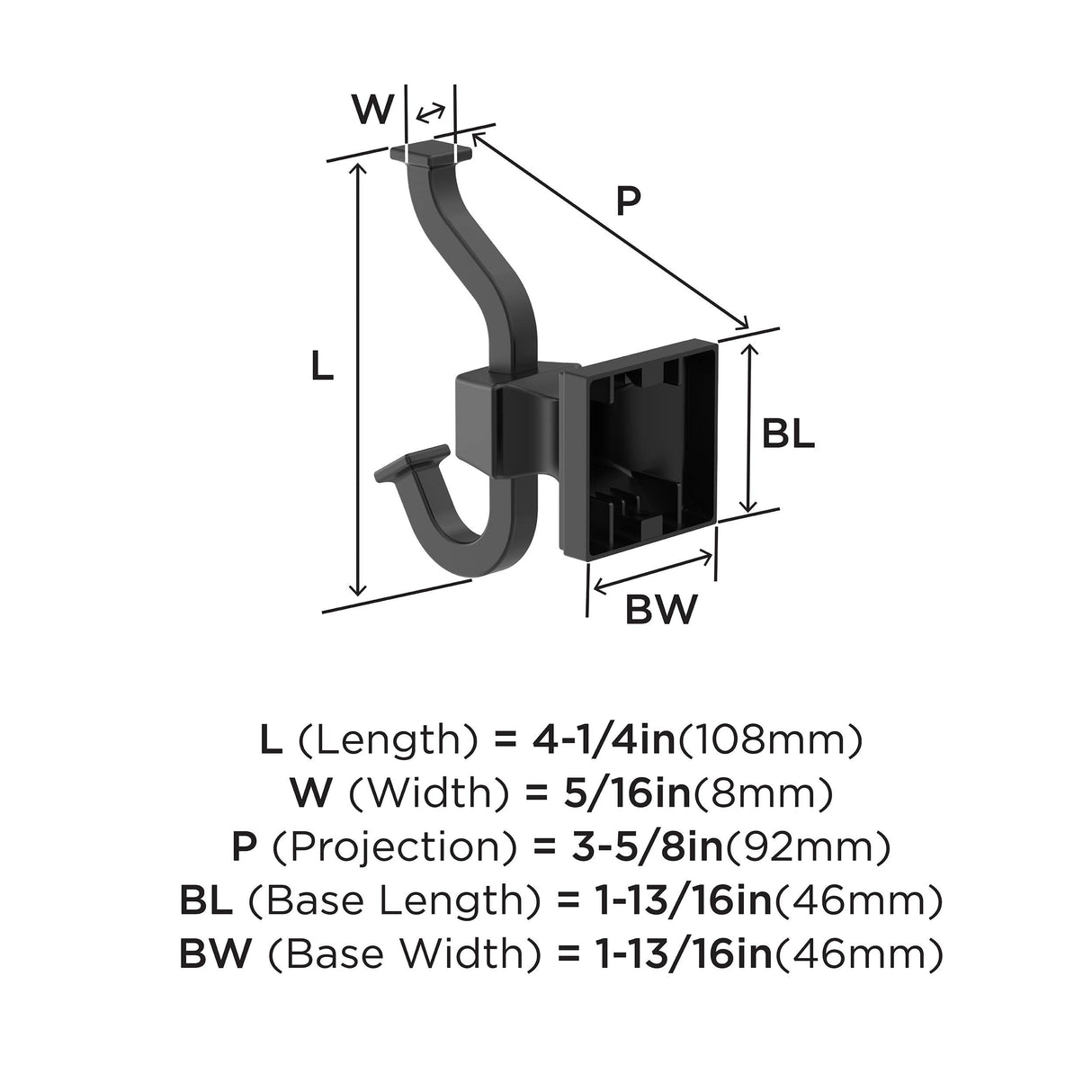 Amerock BH36020MB Matte Black Single Robe Hook 4-1/4 in. (108 mm) Length Towel Holder Mulholland Towel Hook for Bathroom Bathroom Hardware Bath Accessories