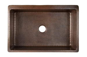 Premier Copper Products 33-inch Copper Kitchen Apron Single Basin Sink with Vineyard and Apron Front Nickel Background