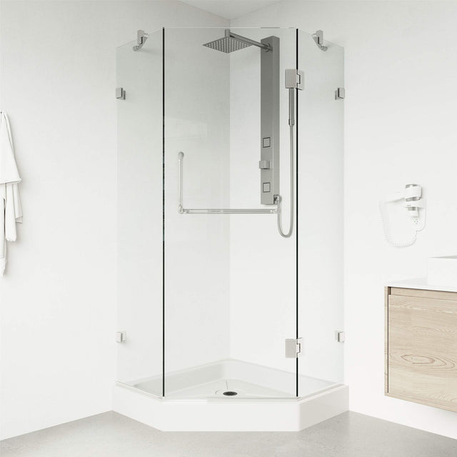 VIGO VG6062CHCL36W 36.13" -36.13" W -78.75" H Frameless Hinged Neo-angle Shower Enclosure with Clear 0.38" Tempered Glass and Stainless Steel Hardware in Chrome Finish with Reversible Handle and Base